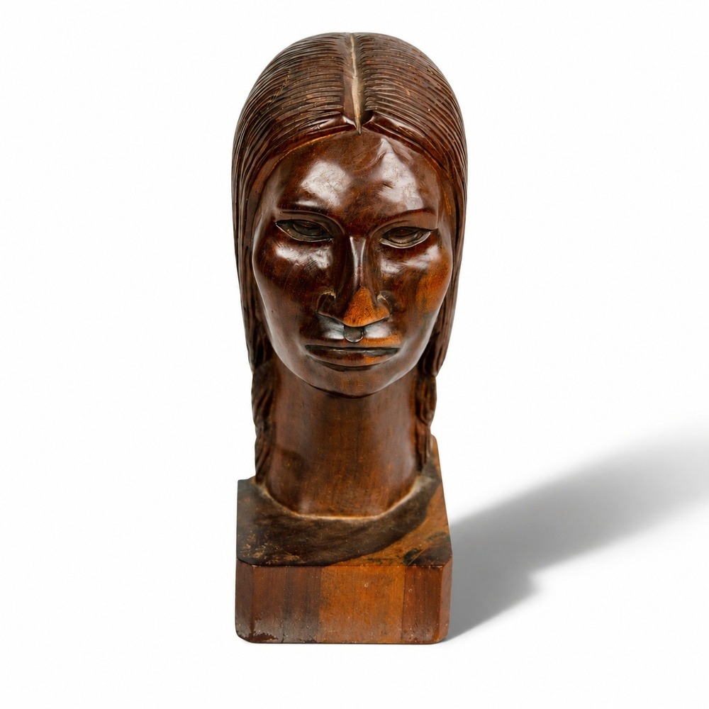 Vintage Hand Carved Wood Bust Indigenous Man Sculpture Braided Hair Statue